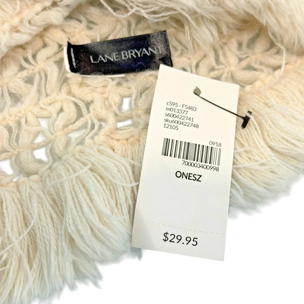 Lane Bryant Crochet Infinity Scarf OS Ivory Cream Chunky Knit Fringe Boho NEW